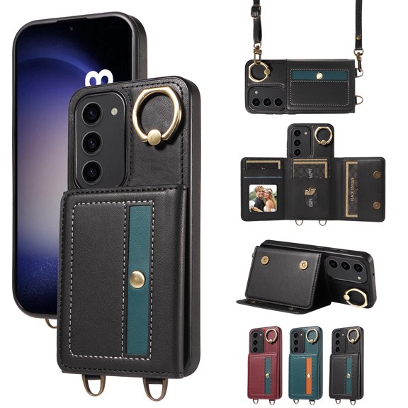 Case for Samsung Galaxy S23 Wallet Case, Flip Leather Case with 4 Card Holder, Ring Holder Kickstand Shockproof Protective Folio Phone Cover Crossbody Strap for Women Ladies,Black