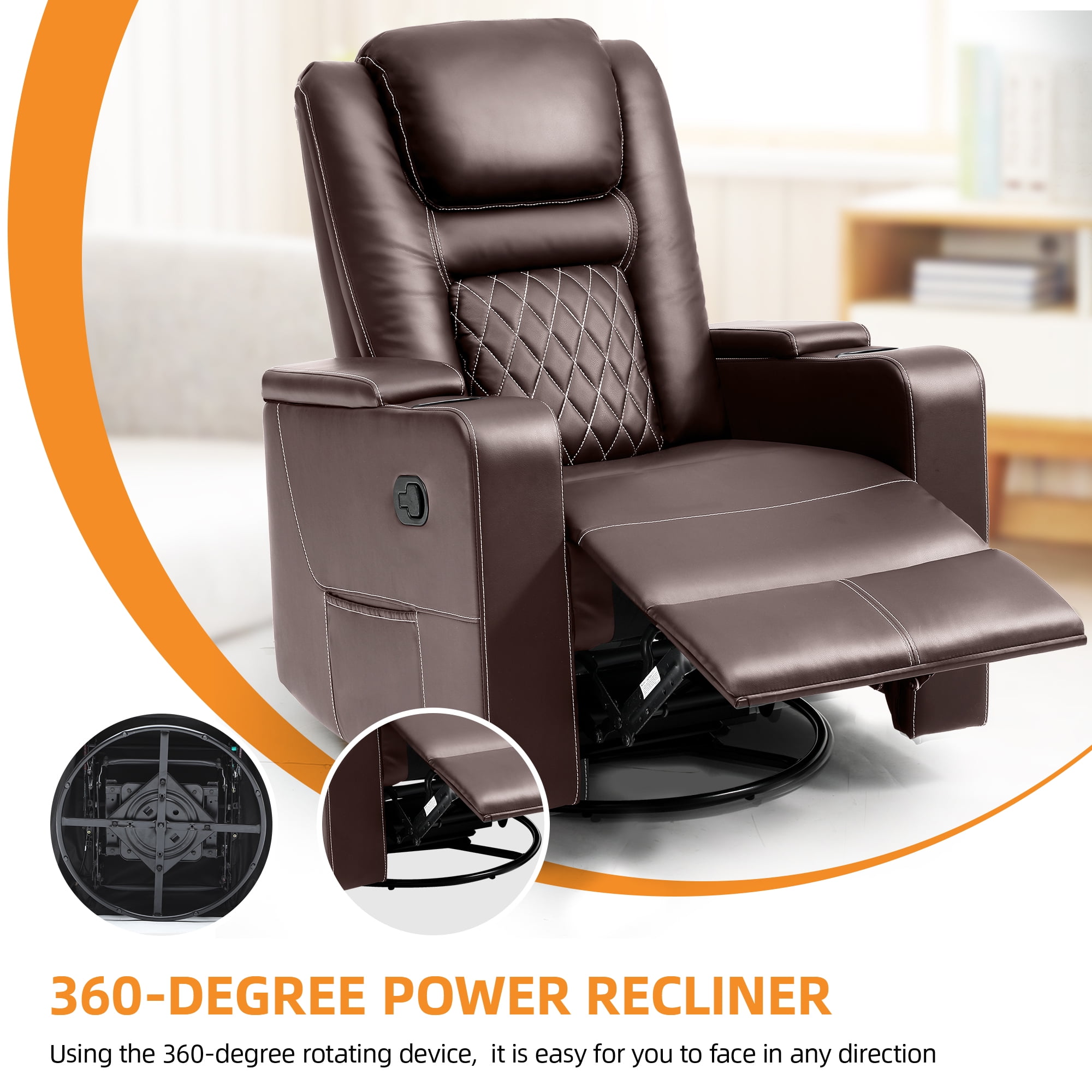Dextrus Rotating Rocker Recliner with Heat and Massage, Concealed Armrest Storage, Faux Leather Rocking Chair with Drink Holders, Comfortable Cinema Seating, Manual Lounge Chair, Brown