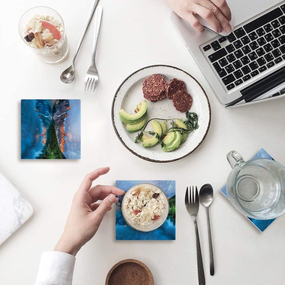 FMSHPON Mountain Lake View Forest Nature Picture Set of 4 Coaster for Drinks, Absorbent Ceramic Stone Coasters Cup Mat with Cork Base for Home Kitchen Room Coffee Table Bar Decor