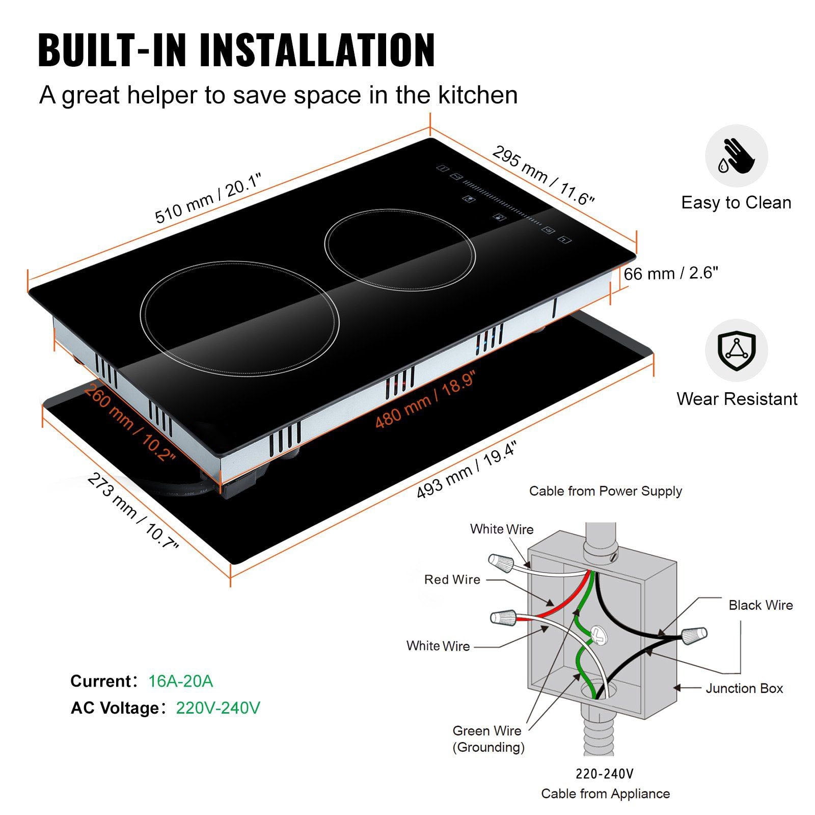 Electric Stove Top 2 Burner, 20x11.6 Inch 240V Glass Cooktop, Sensor Touch Control, Timer, Child Lock, 9 Power Levels for Boil, Fry, Simmer, Steam