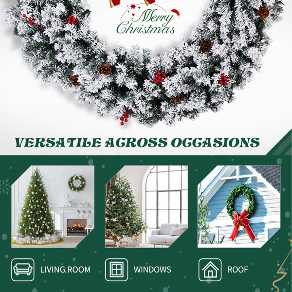 Alvantor 48 in Pre-Lit Snow-Flocked Christmas Wreath, 150 Warm White LED Lights, 450 PVC Tips, Remote Control, DIY Ornaments, Snowy Green