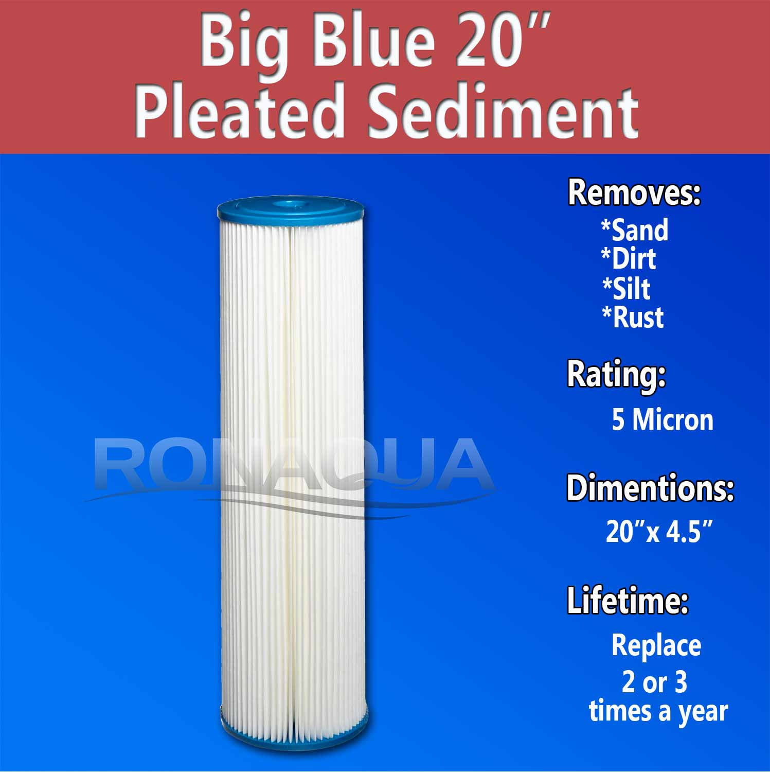 Big Blue Pleated Washable & Reusable Sediment Filter 5 Micron Amplified Surface Area, Removes Sand, Dirt, Silt, Rust, Extended Filter Life for 20" Big Blue Housing, by Ronaqua (Set of 8)