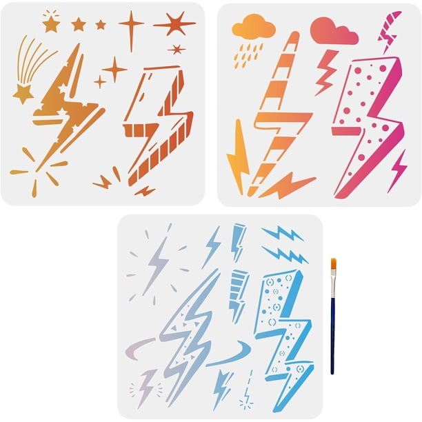 Juego de plantillas de dibujo de rayos, nubes oscuras, lluvia, estrellas, naturaleza, clima y tormenta (3 unidades, 30 x 30 cm) con pincel para pintar sobre pared, madera, vidrio, tela o papel.