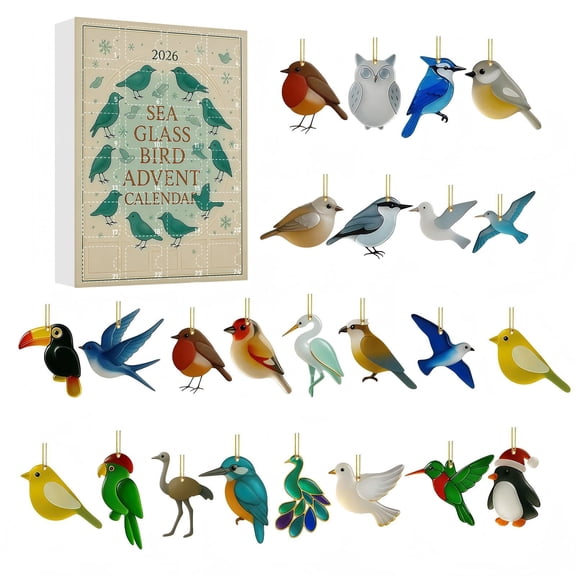 Sea Glass-Style Bird Advent Calendar 2026, 24-Day Xmas Countdown with 24 Acrylic Hanging Ornaments, Christmas Tree Decor and Holiday Gift for Bird Lovers