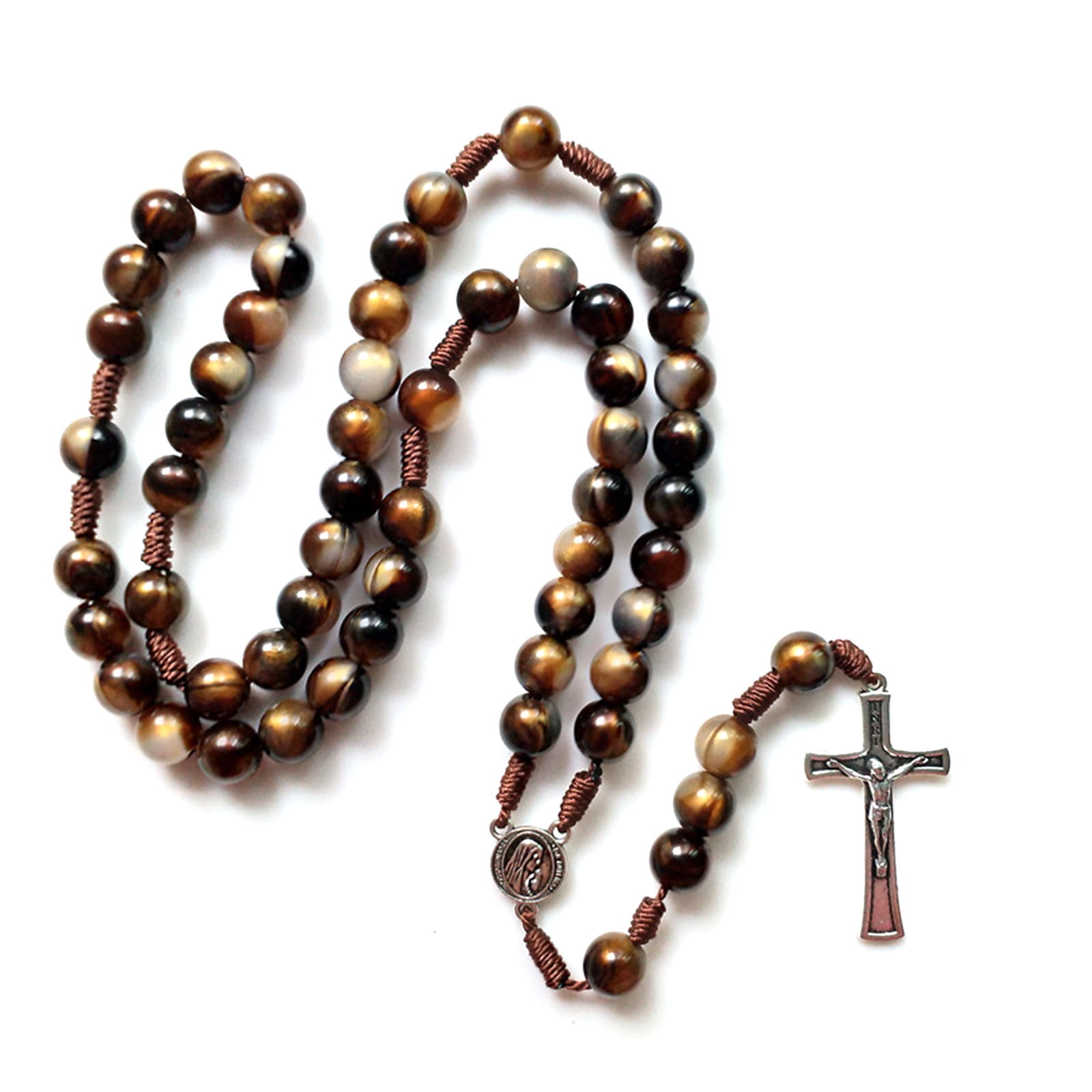 Brown Beads Rosary Necklace Catholic for Cross Religious Long Chain