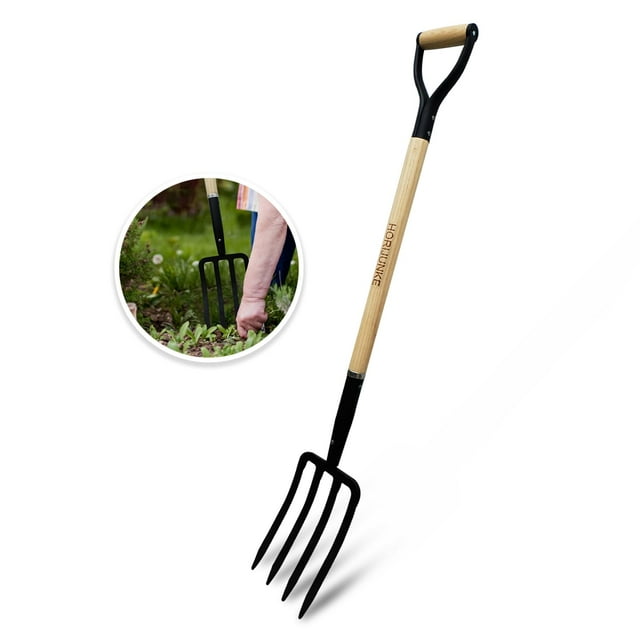 HORIJUNKE Garden Fork,4-Tine Pitchfork,Spading Digging Fork,Forged Steel Y-Grip, Wood Handel,45Inch