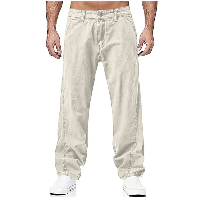 Ceisia Men's Trendy Solid Color Gift Button Zipper Straight Leg Casual Pants with Elastic Waist and Pockets