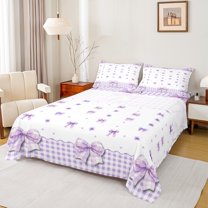 Homewish Kawaii Bow 4pcs Bed Sheets for Teens Boys Girls,Geometric Plaid King Sheets,Dreamy Princess Super Cozy Sheet Set,Super Cozy Room Decor