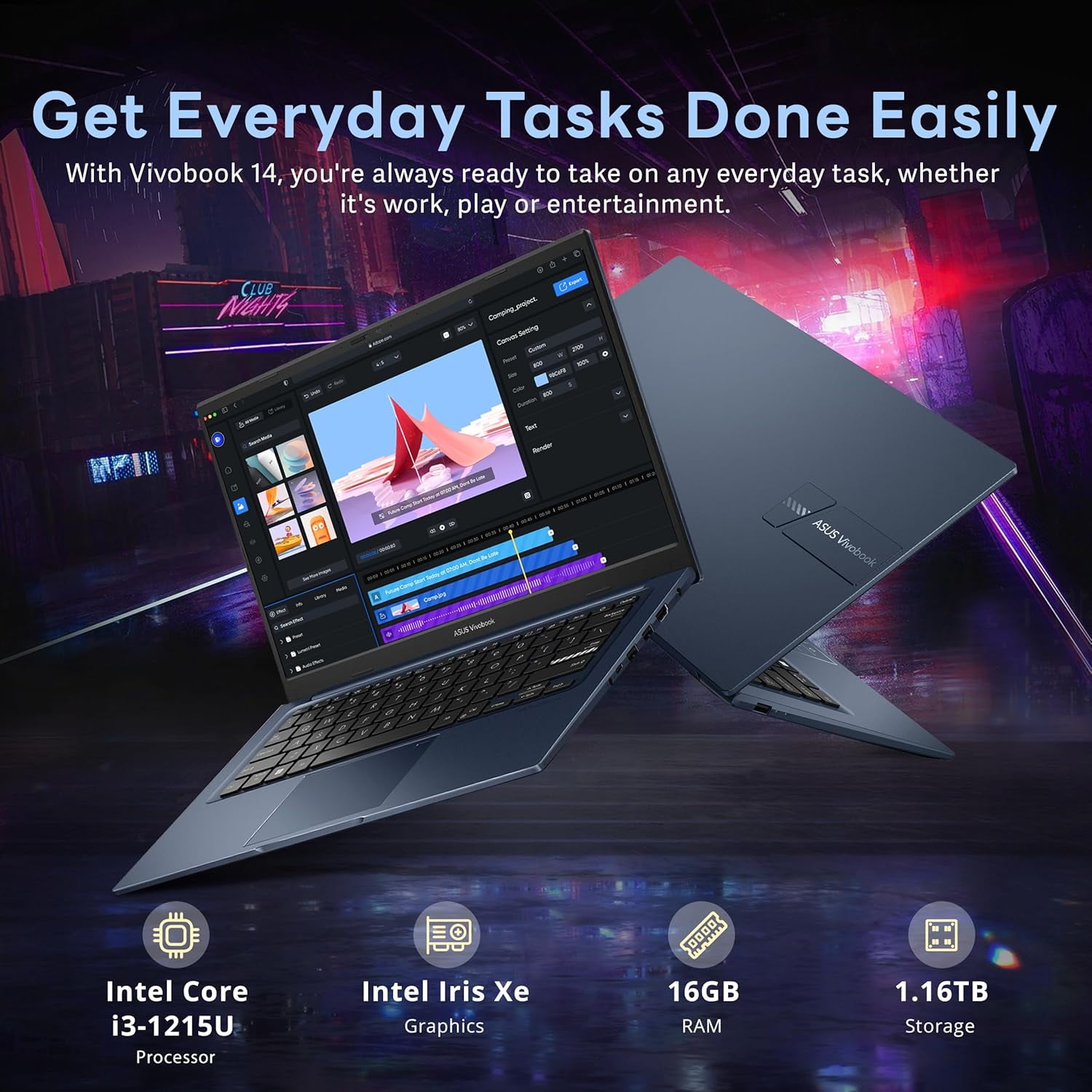 ASUS Vivobook 14" FHD Anti-glare Laptop, Intel i3-1215U, 16GB RAM, 1.16TB Storage(1TB SSD+160GB Docking Station Set), Intel Iris Xe Graphics, HD Camera, WiFi 6E, Bluetooth, Win 11, Quiet Blue
