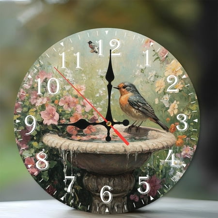10-Inch Silent Wooden Wall Clock, Robin Bird Garden Clock Floral Birdbath Silent Non-Ticking Clock, Battery Operated (AA Batteries Not Included), Artistic Home Decor