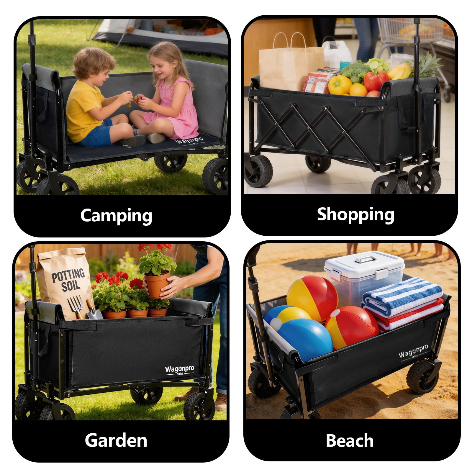5×2 Inch Wide Wheels Folding Wagon, All-in-One Convertible Trolley with Full-Side Opening & Dog Leash, Collapsible Utility Cart for Camping, Beach, Shopping, Outdoor Use