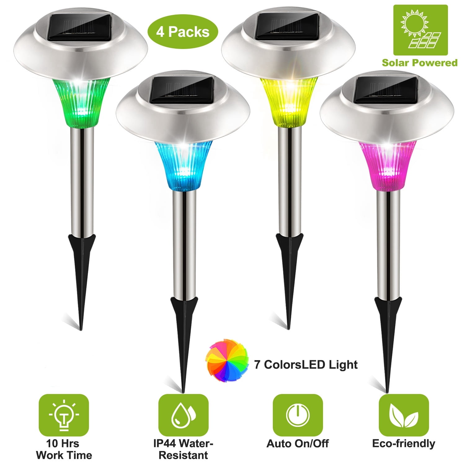 4PCS Solar Powered Color Changing Path Lights, IP44 Waterproof Auto Dusk‑to‑Dawn LED Lights for Garden, Yard, Driveway and Patio Decoration