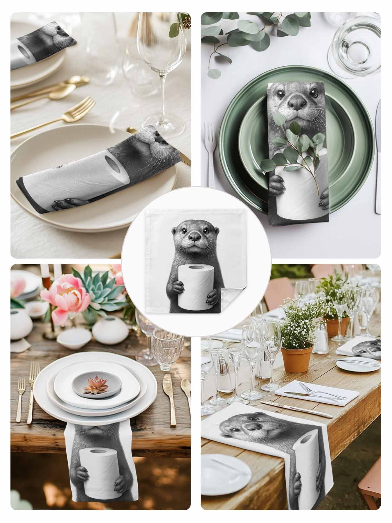 Cute Otter Cloth Napkins Set of 4 Reusable Dinner Napkins, Funny Animal with Toilet Paper Cocktail Napkin Washable Table Napkins for Wedding/Holiday Party/Baby Shower 20"x20"