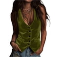 thumbnail image 3 of Vintage Velvet Vest for Women V Neck Cropped Sleeveless Casual Button Down Waistcoat Tops Regular Fitted Jacket Waistcoat Summer Trendy Going Out suits For Womens Fashion Womens Tops Army Green L, 3 of 7