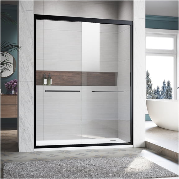 JERFIT Semi-Frameless Sliding Shower Door, 50-54" W x 72" H, Matt Black, Adjustable Tempered Glass with Stainless Steel Handles
