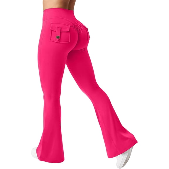 Cargo Flare Leggings for Women with Pockets High Waist Scrunch Butt Leggings No Front Seam Bootcut Yoga Pants Hot Pink XL