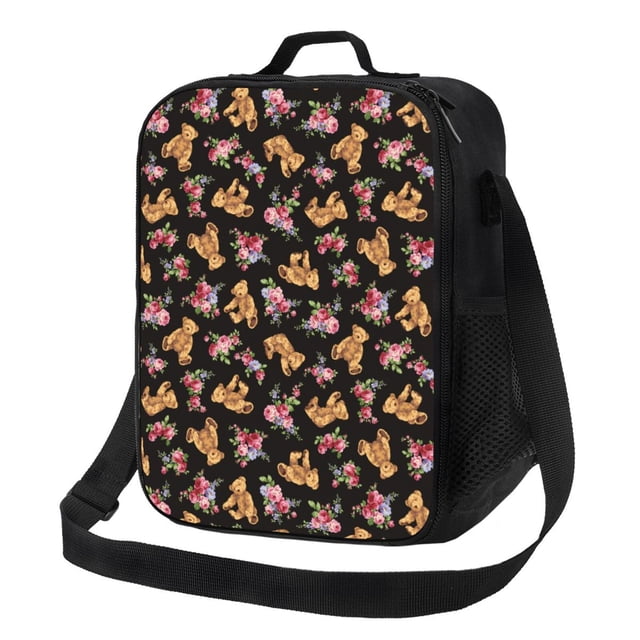 Cauagu Rose Flower Bear Insulated Lunch Bag - Reusable Lunch Box Thickened Thermal Leakproof Lunch Tote Bag for Adult Office/Travel Picnic