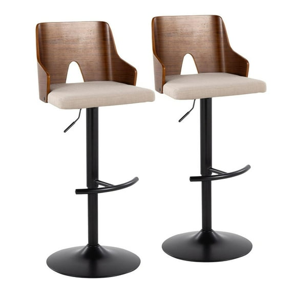 LumiSource Black Metal, Walnut Wood, Beige Fabric Ariana Adjustable Barstool - Set of 2