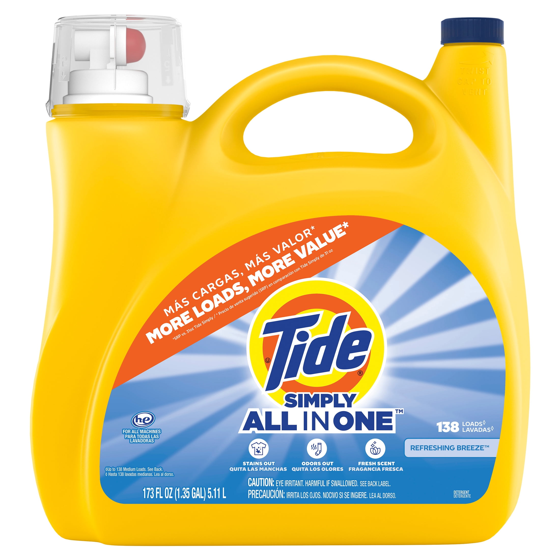 Tide Simply Liquid Laundry Detergent, All-In-One, Refreshing Breeze Scent, 138 Loads, 182 fl oz