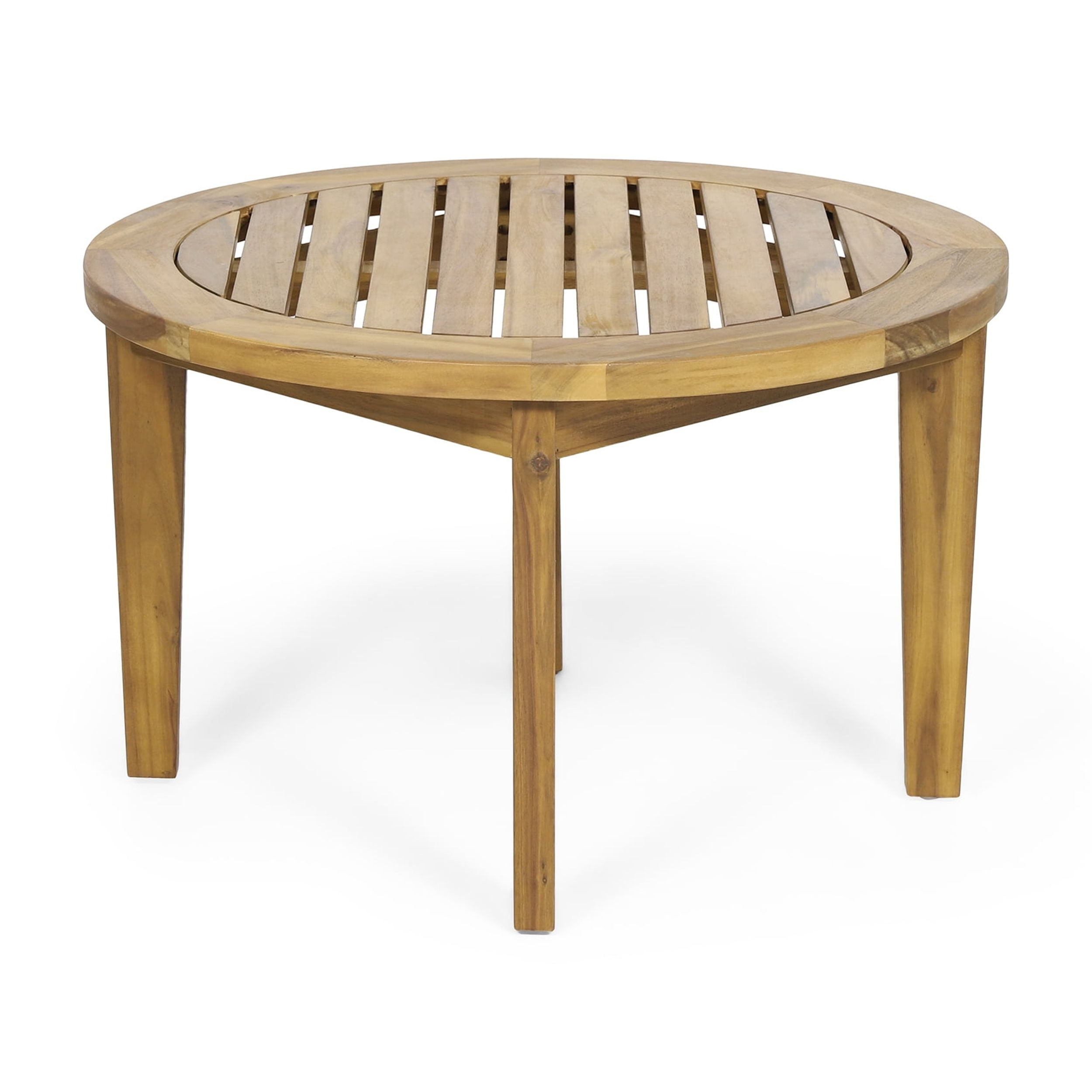 27-Inch Round Outdoor Acacia Wood Coffee Table with Slatted Top and Tapered Legs, Patio Side Table for Garden, Brown