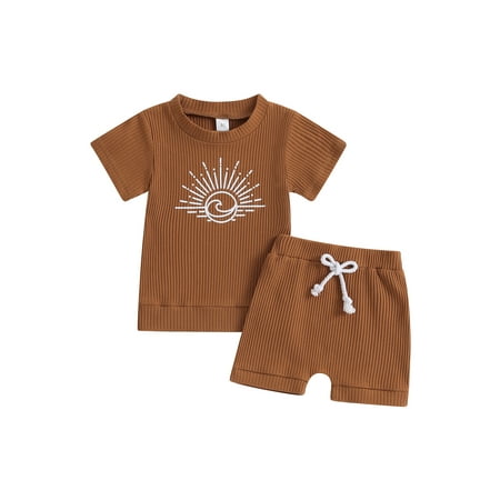 

Eyicmarn Baby Girl Boy Summer Outfit Print Crew Neck Short Sleeve Rib Knit Tops Elastic Waist Shorts 2Pcs Clothes Set