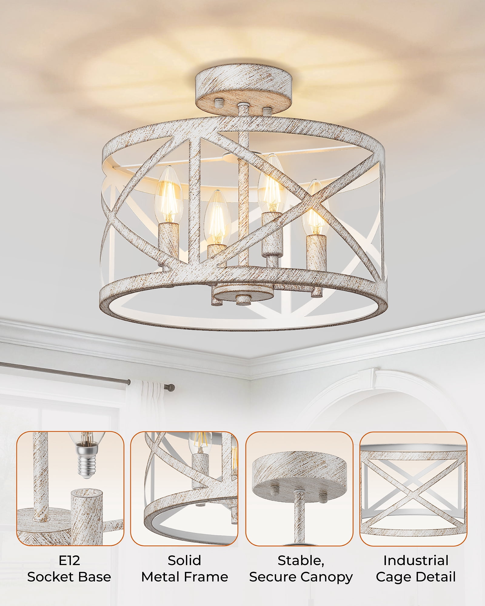 12" Semi Flush Mount Ceiling Light Fixture, 4-Light Farmhouse Modern Ceiling Light, Kitchen Lights, Hallway Light Fixtures, Ceiling Lamp for Entryway Dining Room Bedroom Laundry Lighting, White