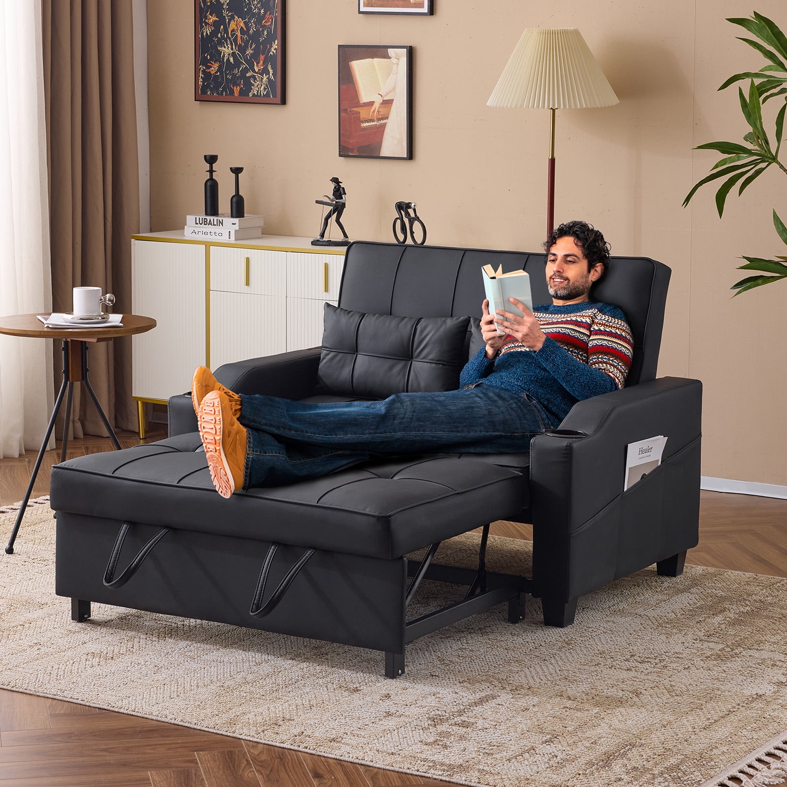 Ktaxon Faux Leather Loveseat Sofa Bed with Side Pockets, Adjustable Backrest Lounge for Living Room, Game Room Black