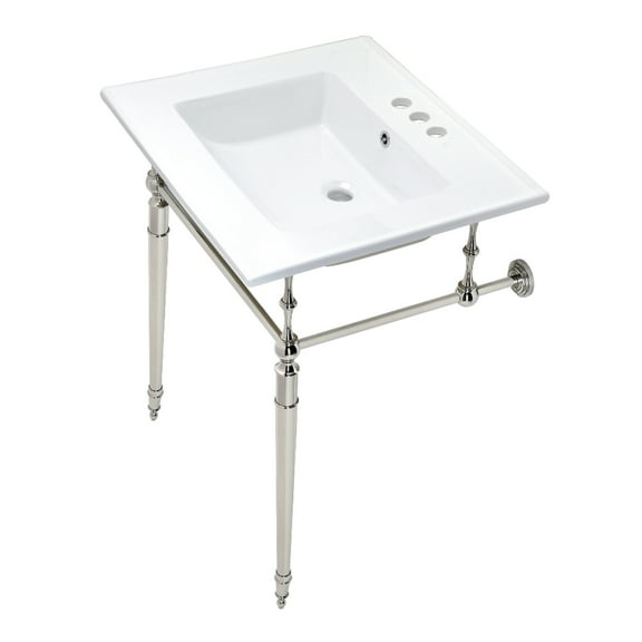 Kingston Brass KVPB25227W4PN Edwardian 25" Ceramic Console Sink with Brass Legs (4-Inch, 3-Hole), White/Polished Nickel