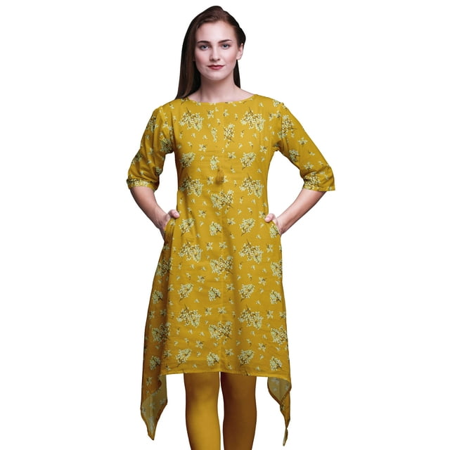 Bimba Kurti Asymétrique Imprimée de Feuilles de Genévrier des Montagnes Rocheuses Dorées pour Femmes Robe d'Été Indienne Tunique XSmall