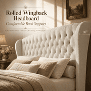 VanAcc King Size Platform Bed Frame, Chenille Upholstered Sleigh Bed Frame with Scroll Wingback Headboard & Footboard/Button Tufted/Cream