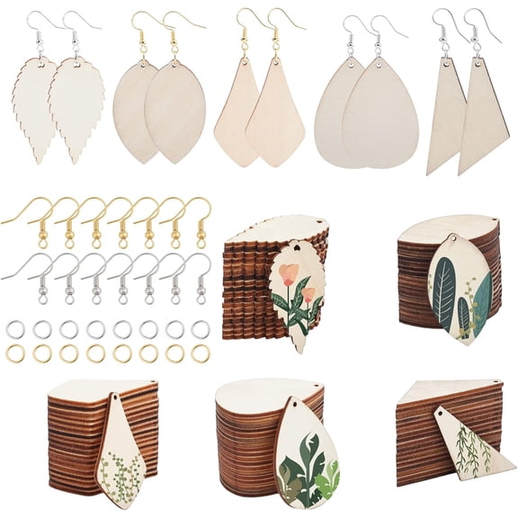 1bag 5 styles 100pcs Wooden Earring Unfinished Wood Leaf Teardrop Pendants with Earring Hooks & Jump Rings for Beginners Earring Making Jewellery Crafts Adults