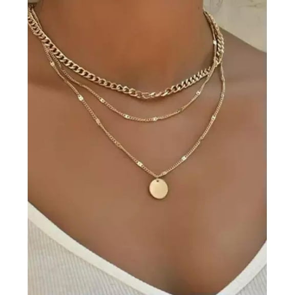 K-KED Triple Layer Chain Circle Pendant Necklace Layered Strand Buy One Get Two Free