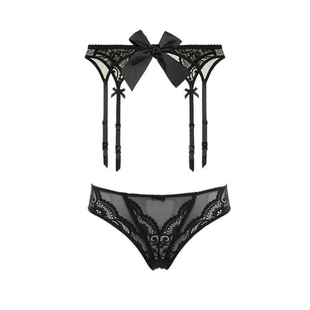 

Varsbaby Women s Lace Garter Belt and See Through Panties with Cute Bow