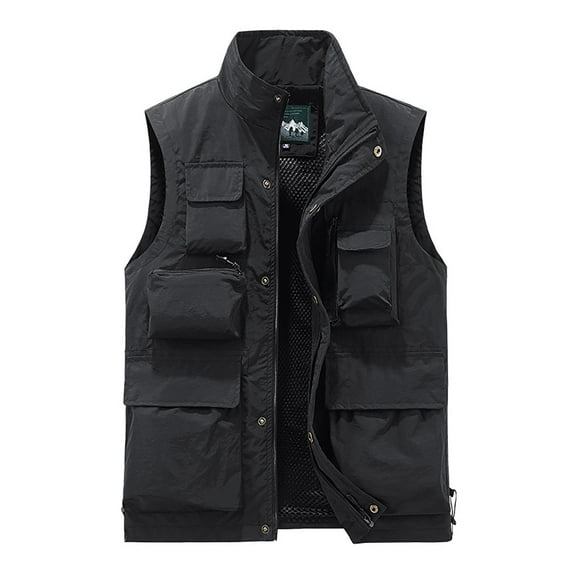 Lilgiuy Men Loose Vest Casual Solid Color Lightweight Sleeveless Mountaineering Tooling Outdoor Vest Jackets with Pockets Black