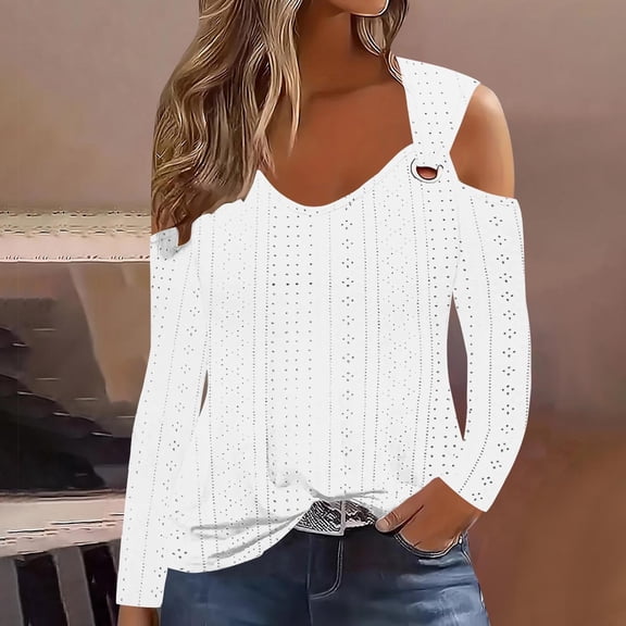 thefmos Women Plus Size Cold Shoulder Tops Fall Winter V Neck Pullover Blouses Eyelet Casual Dressy Tops Solid Tee Shirts, White 2XL