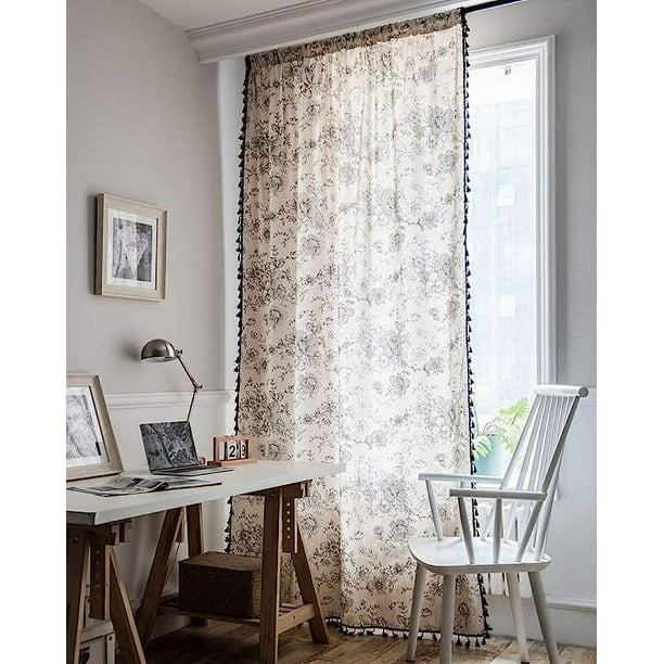 Nvzi Vintage Floral Print Cotton Linen Window Curtain Panel with Tassels Boho Farmhouse Room Darkening Curtain Panel for Bedroom Living Room, 1 Piece (59x63,Flower)