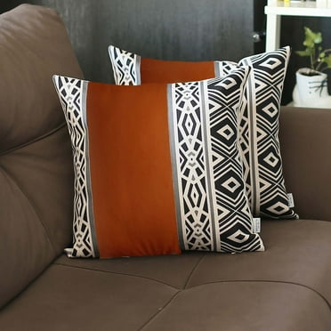 Boho Set of 2 Handcrafted Decorative Throw Pillow Cover Vegan Faux Leather Geometric 17" x 17" Brown & Ivory Square for Couch, Bedding