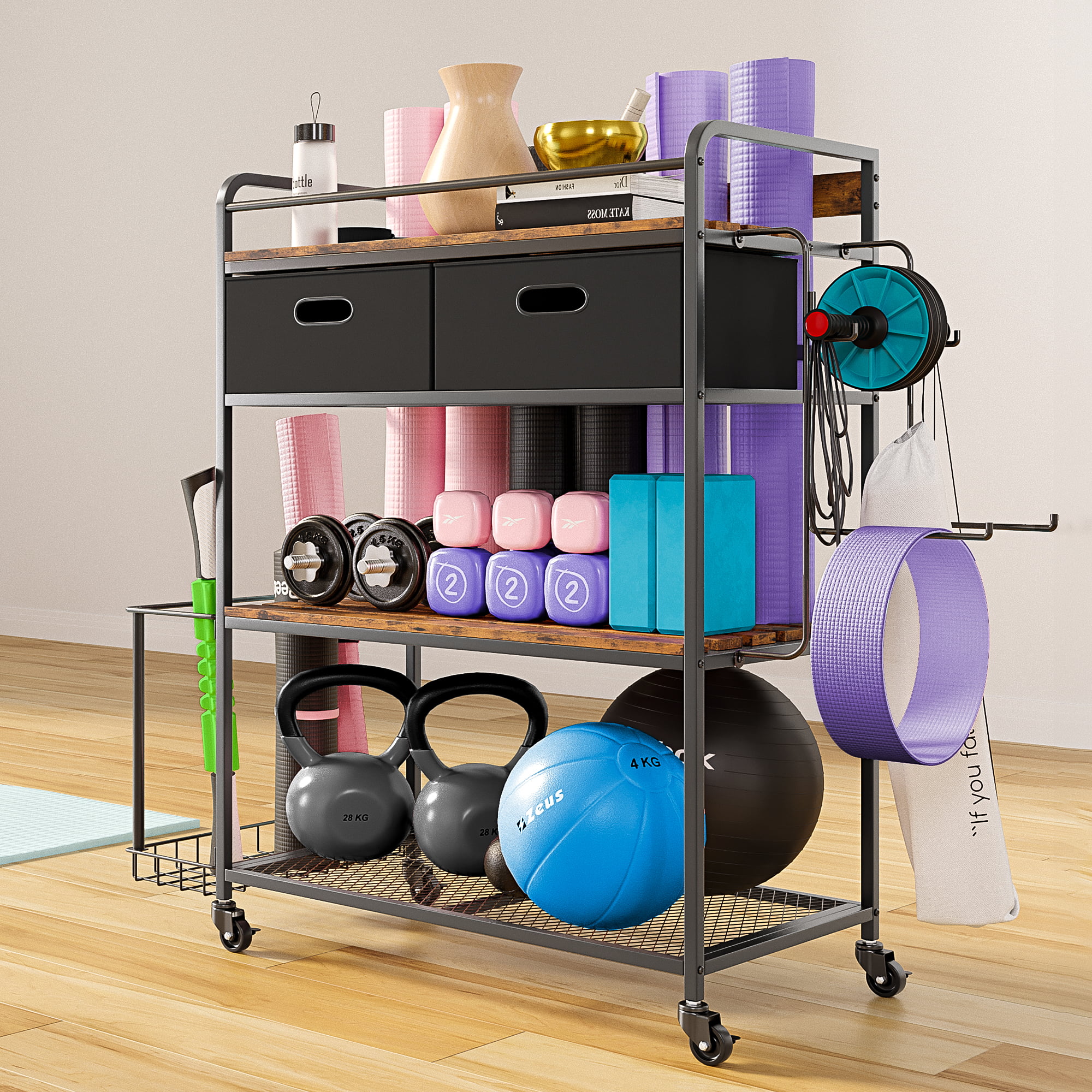HOSSLLY Yoga Mat Storage Racks, Home Gym Storage Rack for Yoga Mat, Yoga  Ball, Dumbbell Kettlebells, Foam Roller and Resistance Bands, Workout  Equipment Storage Organizer with Hooks and Wheels 