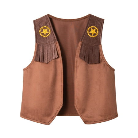 Little T-Shirts For Boys Western Cowboy Vest For Play Fringe Jacket Role Play Outfit Halloween Festival Party Dress Up Tops Size 6-7T