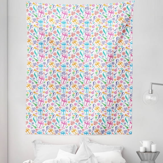 Birthday Tapestry, Colorful Doodle Pattern Happy and Celebration Jolly Time Theme, Fabric Wall Hanging Decor for Bedroom Living Room Dorm, 5 Sizes, Multicolor, by Ambesonne