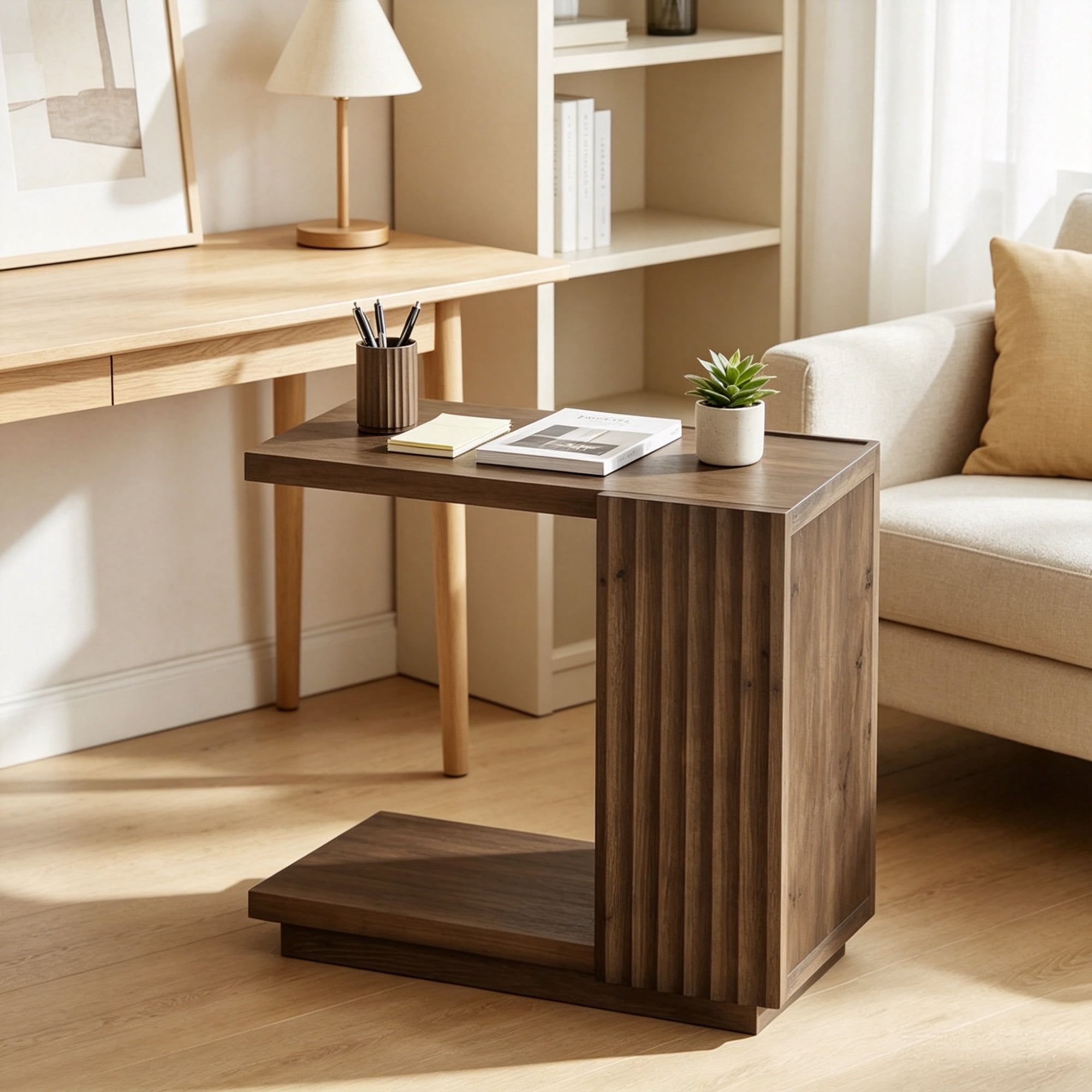 Wood C Shaped Side Table with Fluted Panels for Bedroom