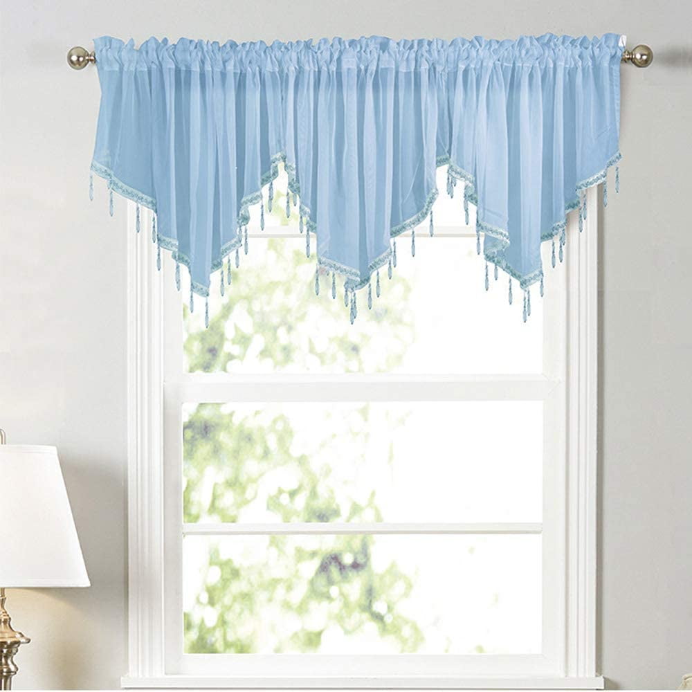 51 x 24 Inch Length White Sheer Tulle Beaded Valance Curtains 2 Pieces Kitchen Cafe Rod Pocket Swag Window Curtain Valances with Bead Trim for Bedroom Bathroom Nursery Living Room Blue 