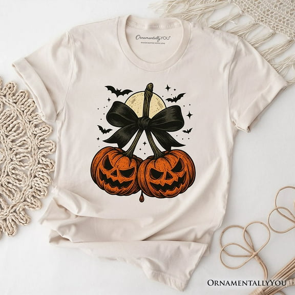 Pumpkin Cherries Coquette Bow T-Shirt, Retro Halloween Fall Season Tee for Sweet Autumn Girls