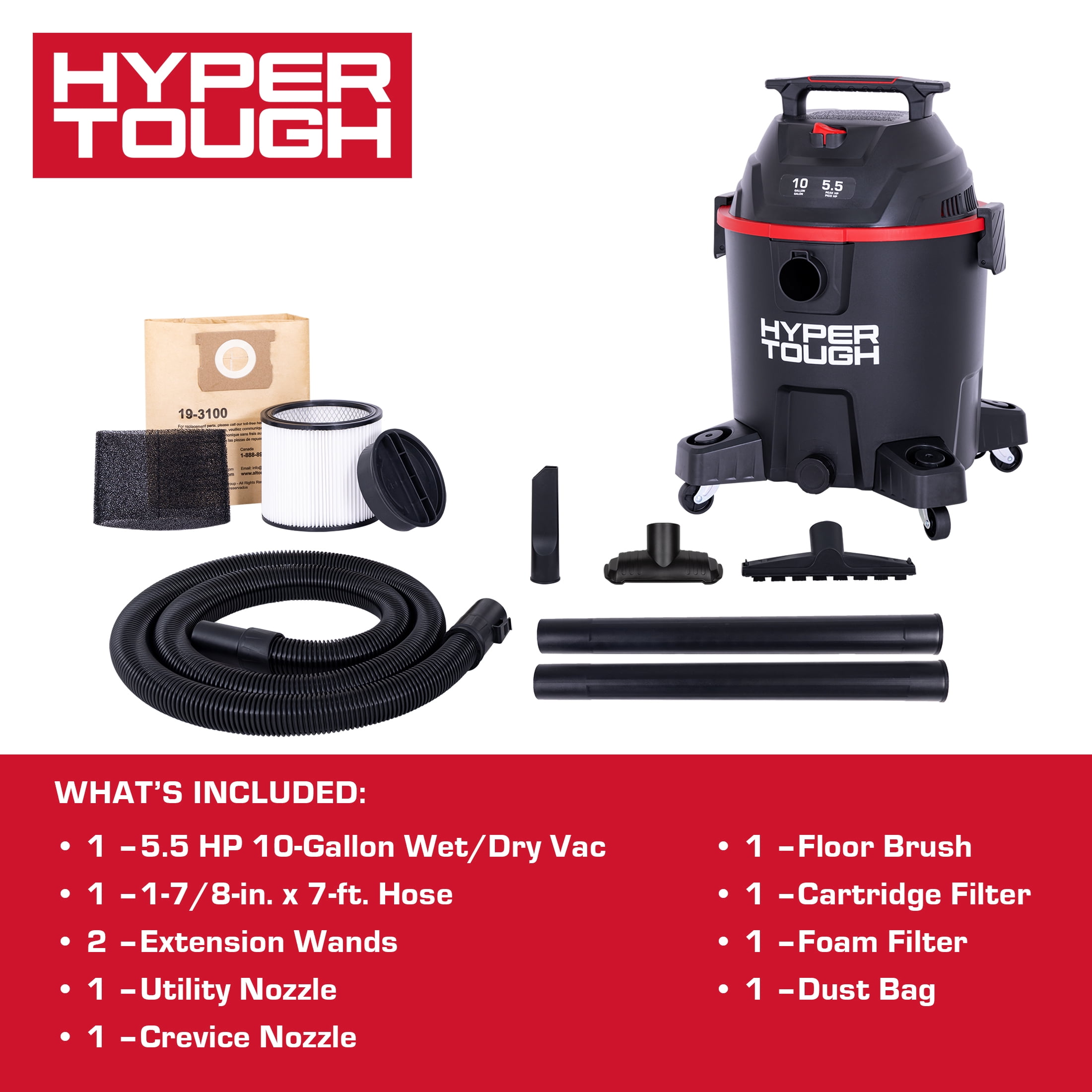 Hyper Tough 10 Gallon 5.5 HP Poly Wet/DryVacuum for Home, Car, Garage & Workshop
