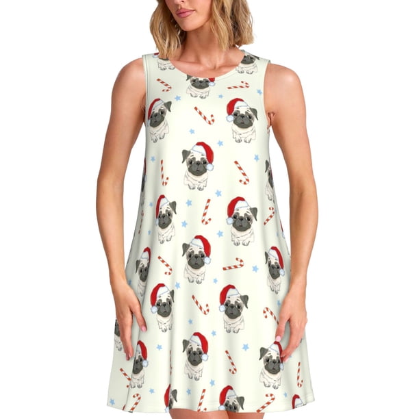 Fotbe Christmas Pug Dog Vestido de Verano sin Mangas para Mujer – Vestido Midi Línea A, Estilo Camiseta Floral, Vestido Playero Casual y Fluido