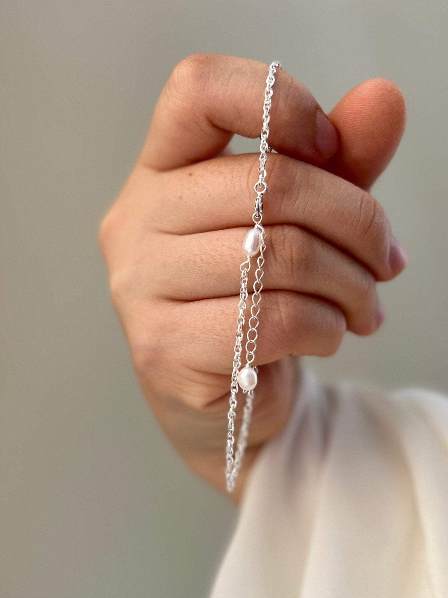 Freshwater Pearl Anklet with Dainty S925 Sterling Silver Chain, Wedding Anklet Gift