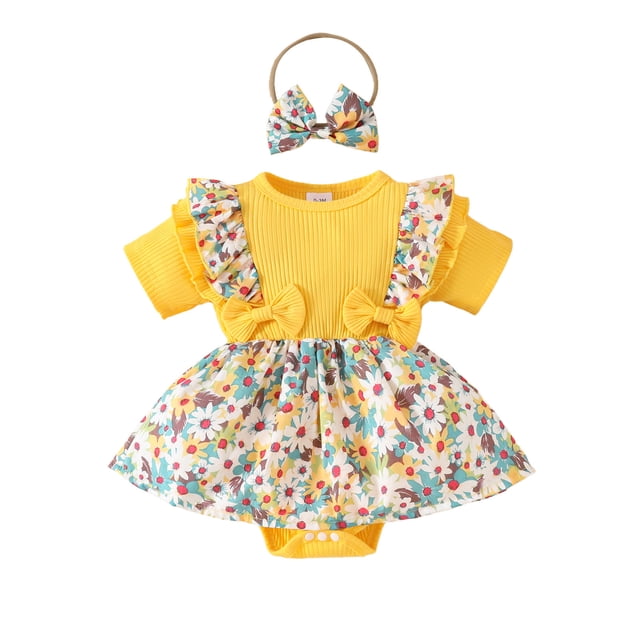 SUNSIOM Barboteuses pour Bébés Filles Robe Imprimé Floral Jupe Ourlet Manches Courtes Combinaisons Justaucorps avec Bandeau