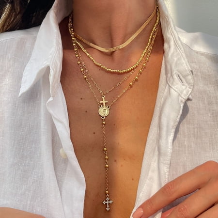 Layered Cross Necklace Set for Women – Vintage Gold Choker, Multi-Strand Chain with Religious Pendant, Trendy Baroque Statement Jewelry, Adjustable Fashion Gift