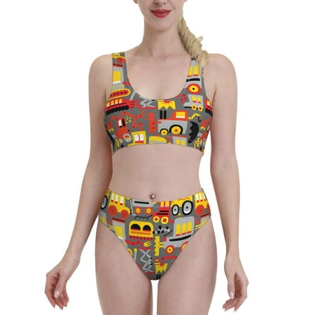 Bixox Cars Pattern Two-Piece Sports Bikini with U-Shaped Top and High-Waist Bottom - Women s Swimwear with Removable Bra Pads