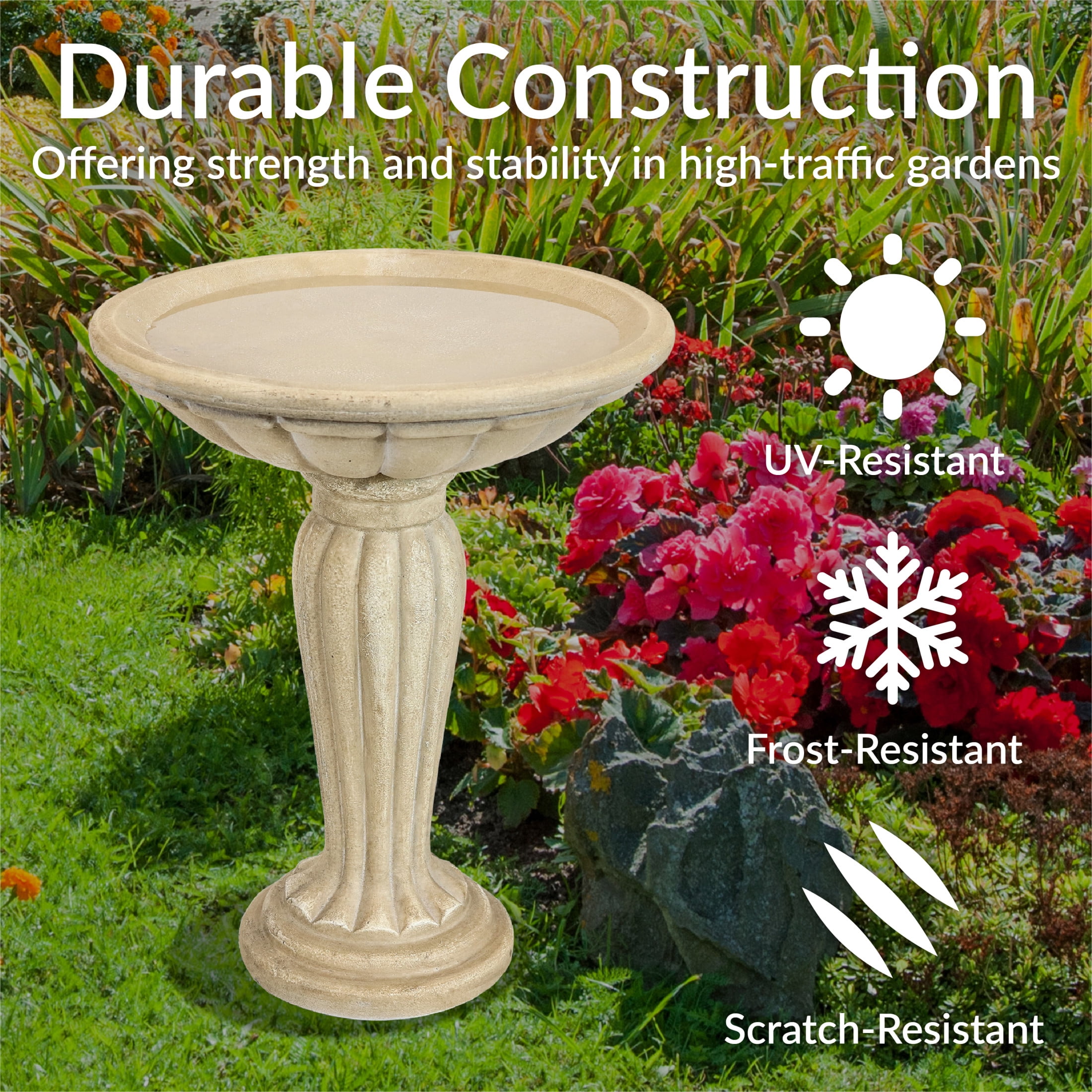 Sunnydaze Grecian Column Freestanding Glass Fiber Reinforced Concrete Outdoor Bird Bath, White